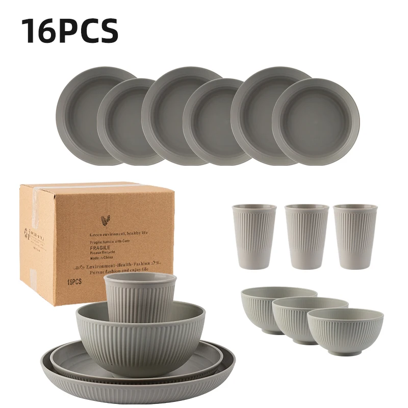 Camping Cooking And Eating Set - Set piring sedotan gandum, 16 buah